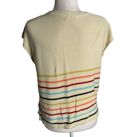 Knit Sleeveless Sweater Vest M Beige Rainbow Stripe Round Neck Pullover - Picture 4 of 6